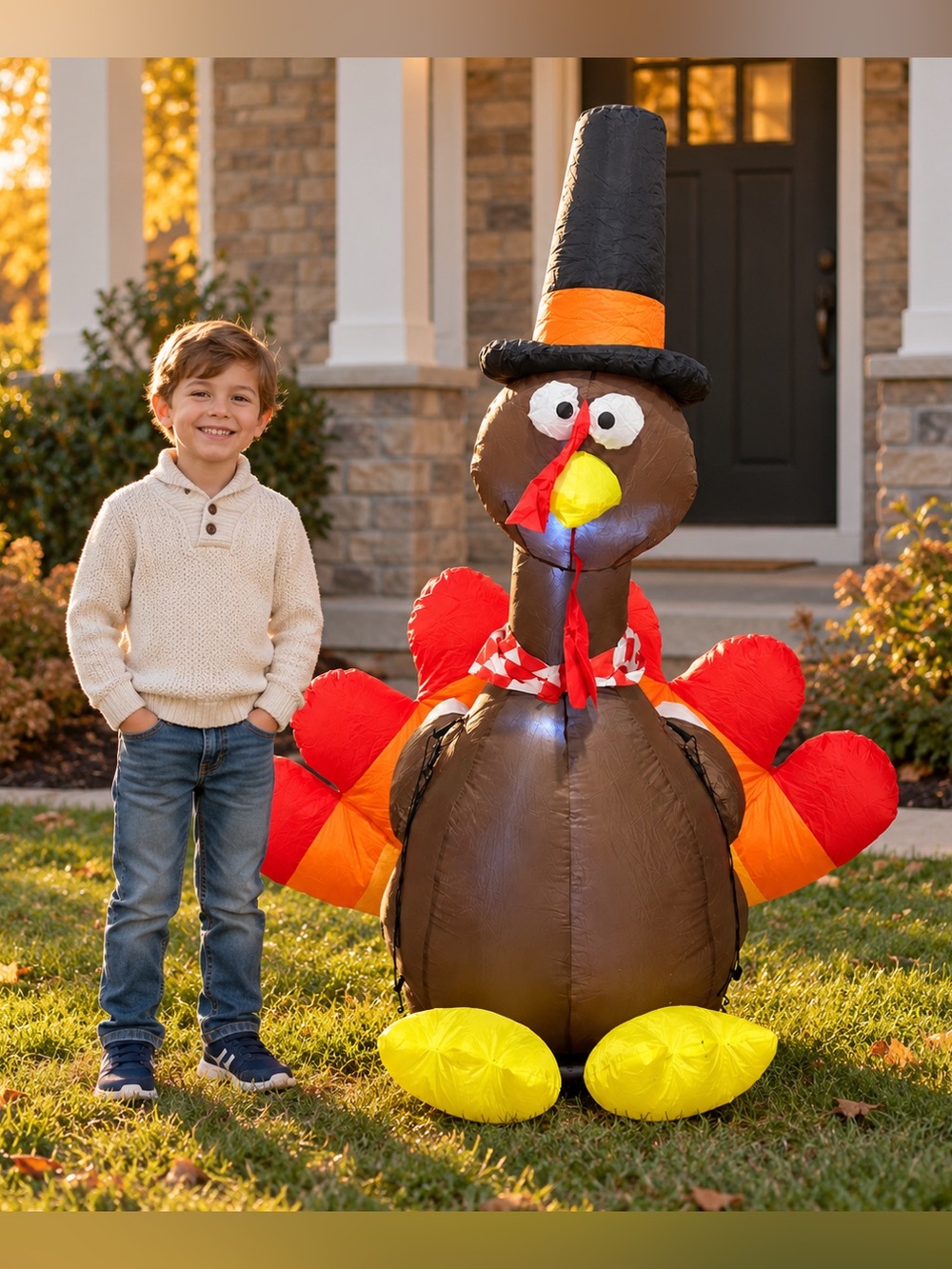 5ft Thanksgiving Turkey Inflatable LED Light Pilgrim Hat Yard Decor Home Accents